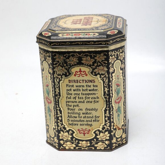 Vintage Daher Tea Tin Thomas Martin & Co China Tea Container Floral Black Gold - Picture 3 of 10